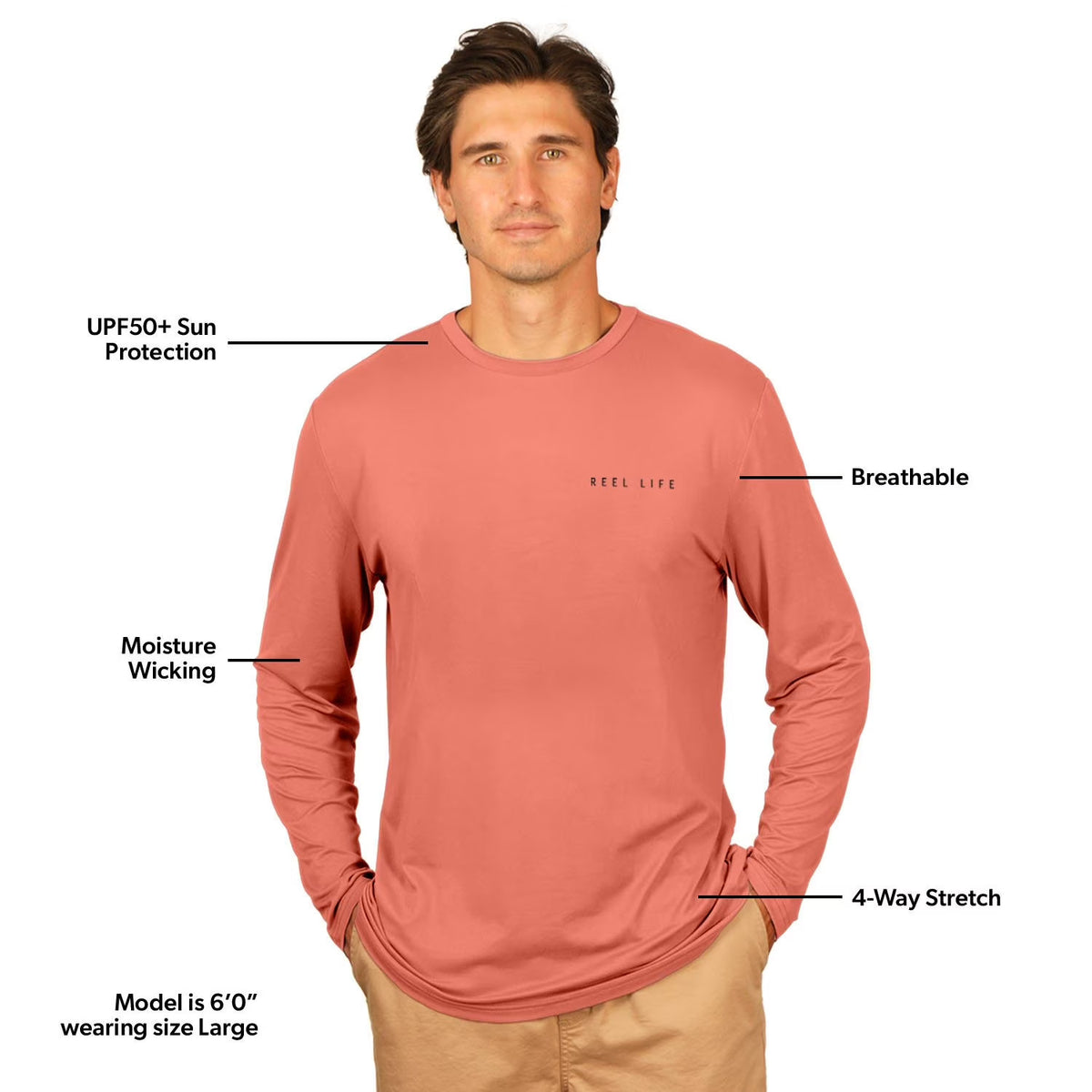 Men's UV Long Sleeve T-Shirt - Coral, Performance Sun Protection Shirt