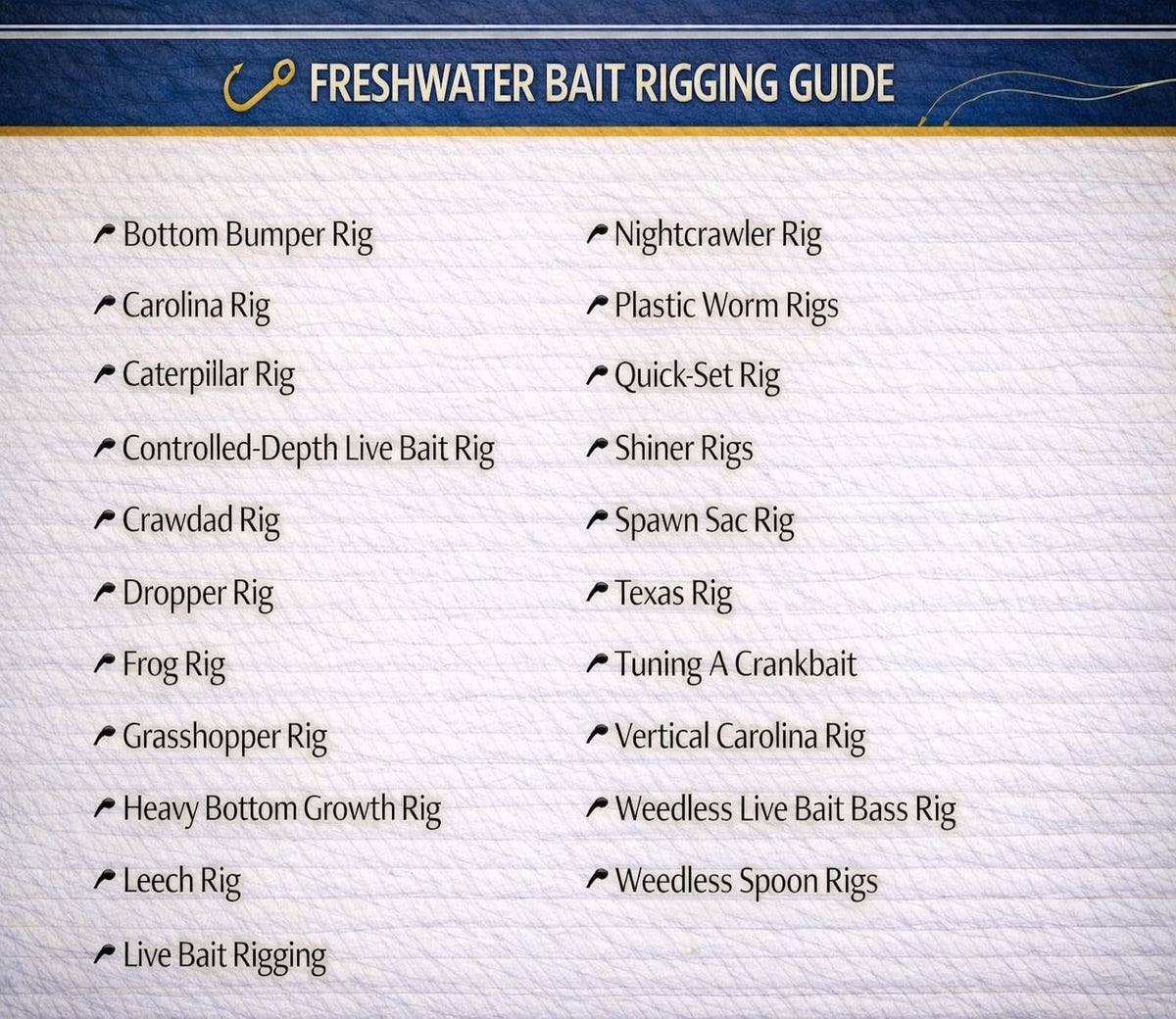 Waterproof Freshwater Fishing Rigging Chart with Visual Diagrams and Bait Techniques