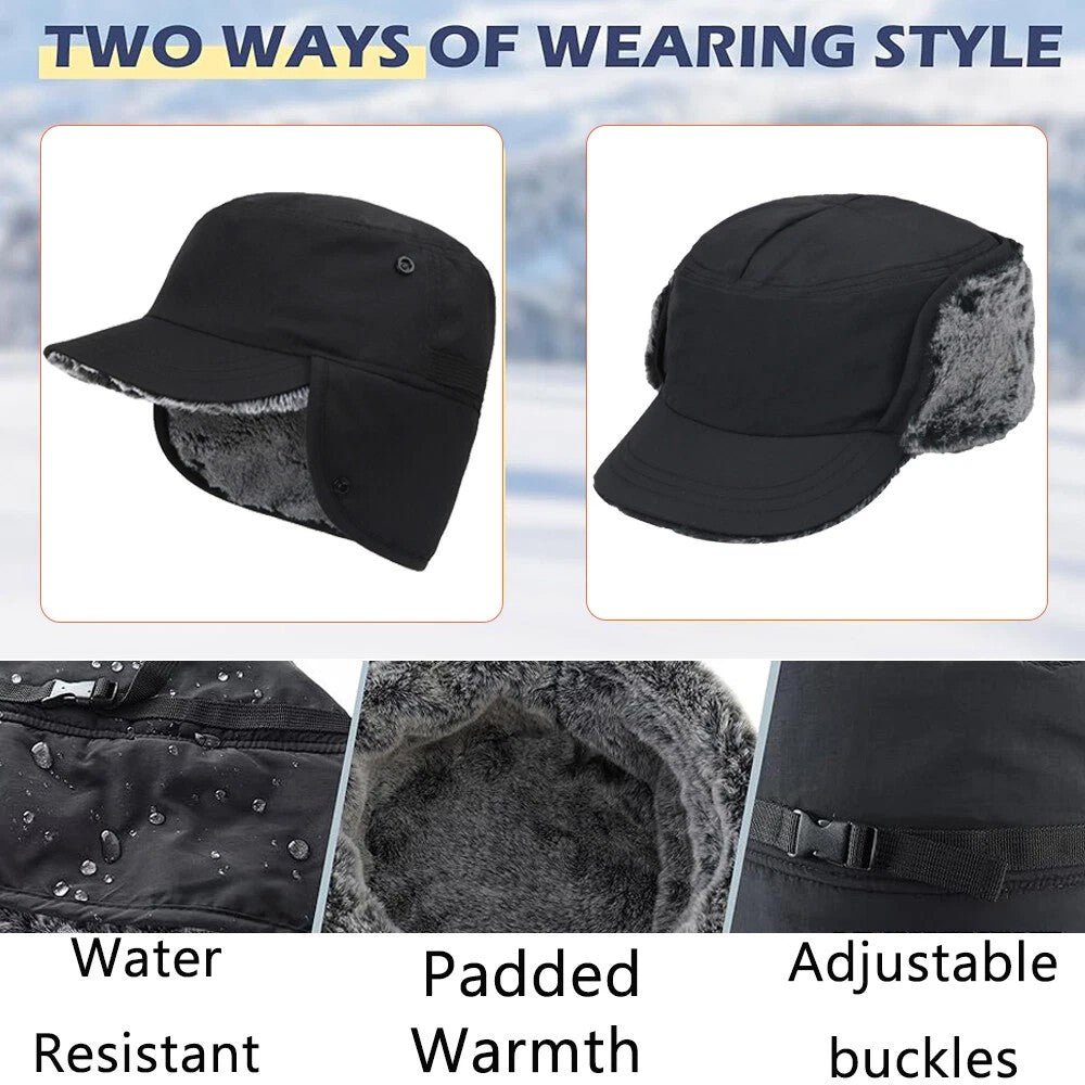 Men's Winter Hat with Visor and Earflaps - Waterproof, Insulated, Adjustable