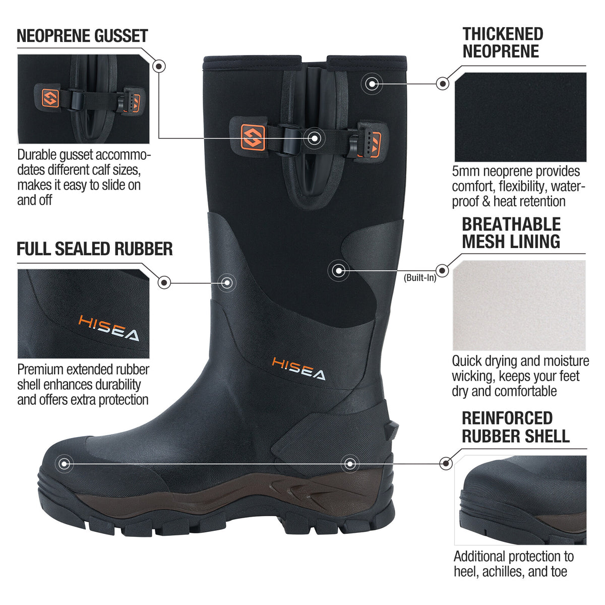 Men's Waterproof Insulated Hunting Boots - Neoprene Rubber Work Rain Boots