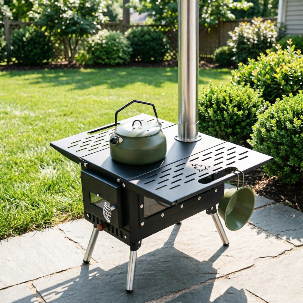 Foldable Camping Wood Stove with Chimney & Accessories - Portable Outdoor Heater & Cooker
