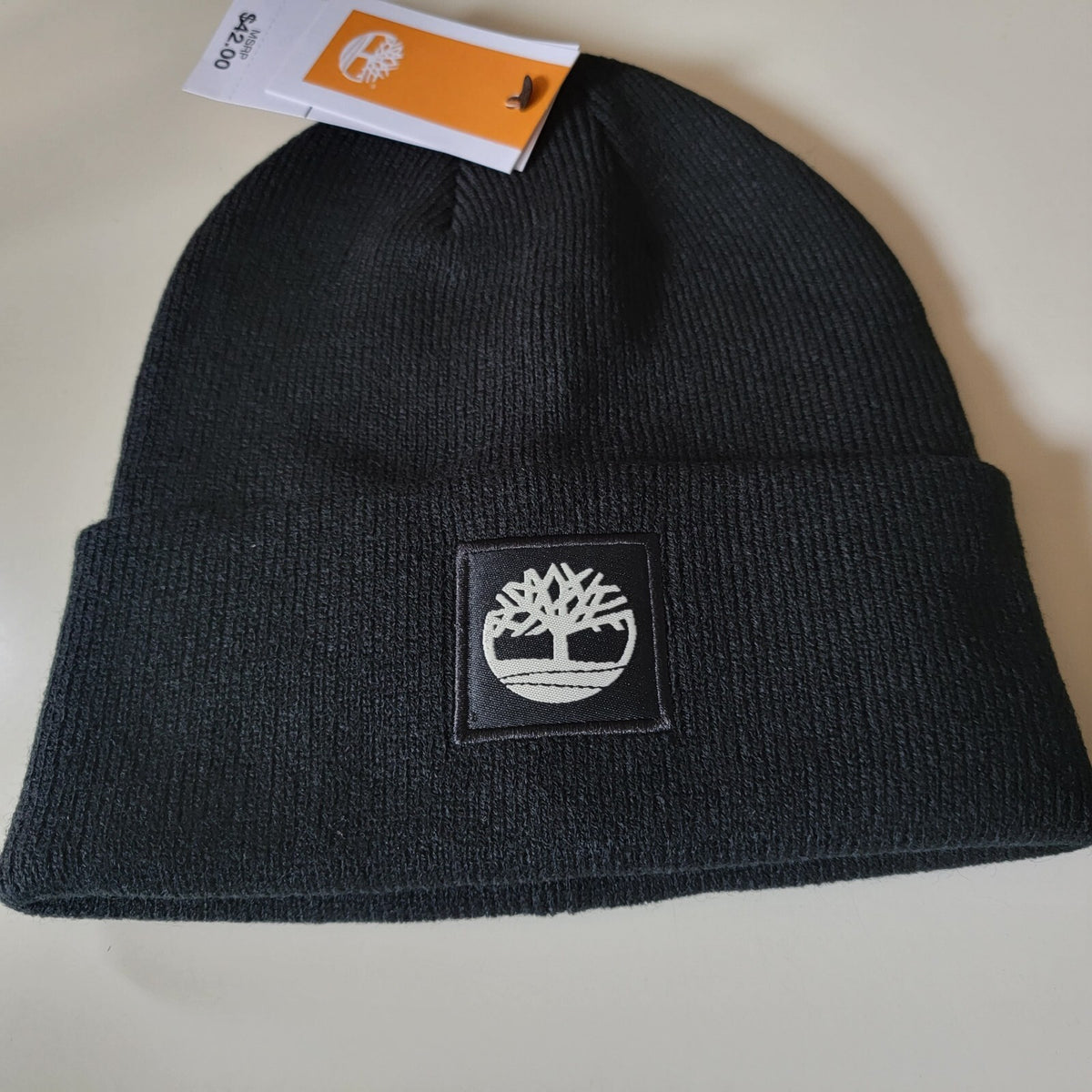 Timberland Contrast Tree Embroidered Knit Beanie Hat - Black, One Size