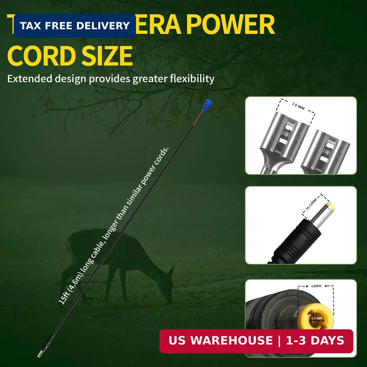 15FT Trail Camera Power Cable DC External Cord for Wildlife & Doorbell Cameras