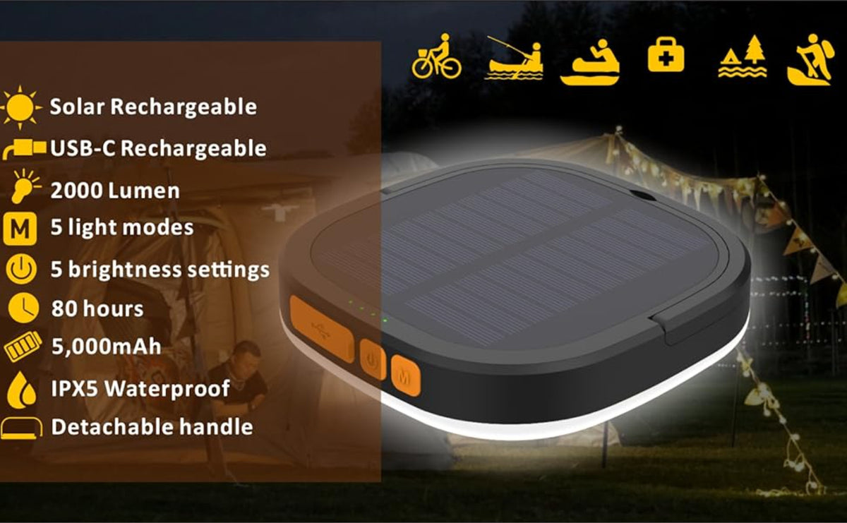 Rechargeable Solar Camping Lantern with 2000 Lumens, Waterproof, 5 Light Modes