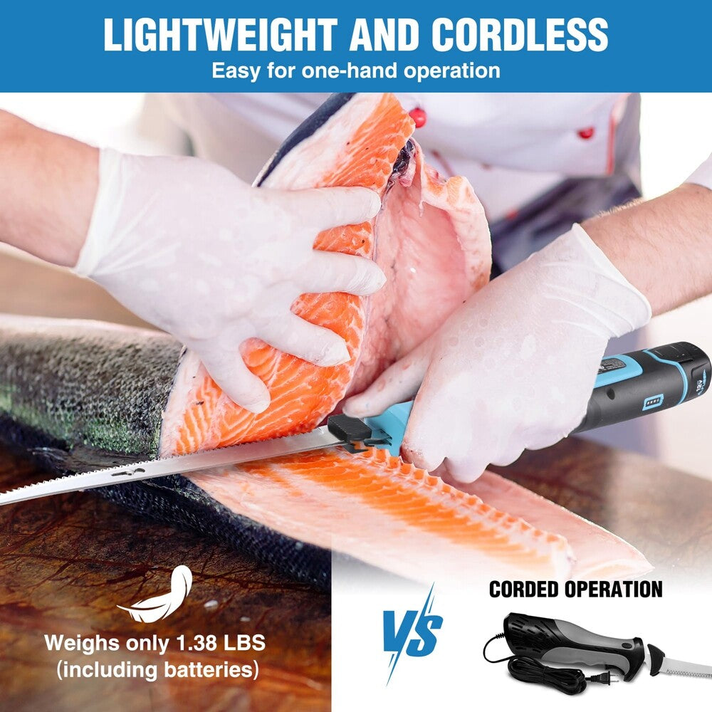 Cordless Electric Fish Fillet Knife with 8/10-Inch Stainless Steel Blades & Case