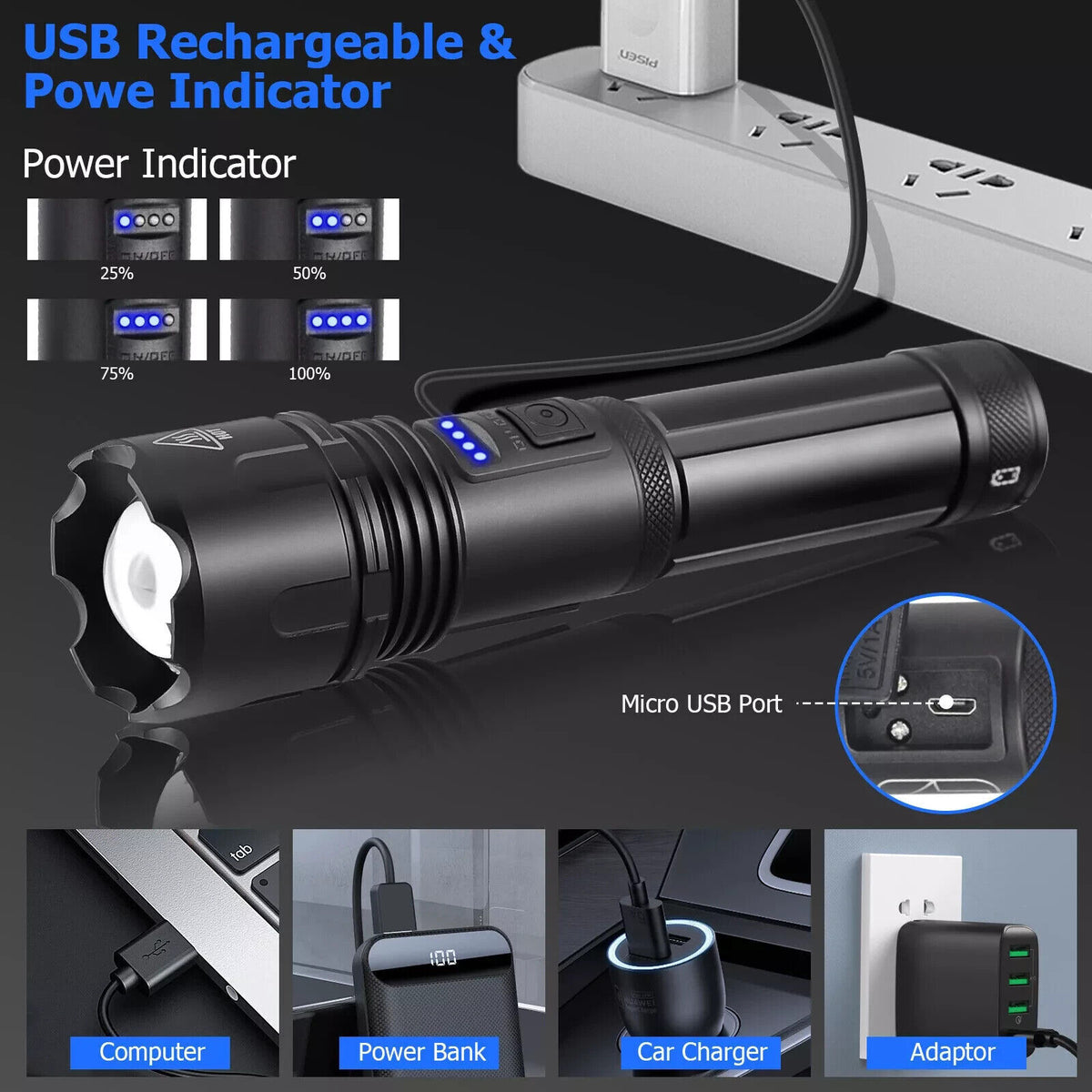 Super Bright LED Tactical Flashlight with Rechargeable Work Light - 350 Million Lumens
