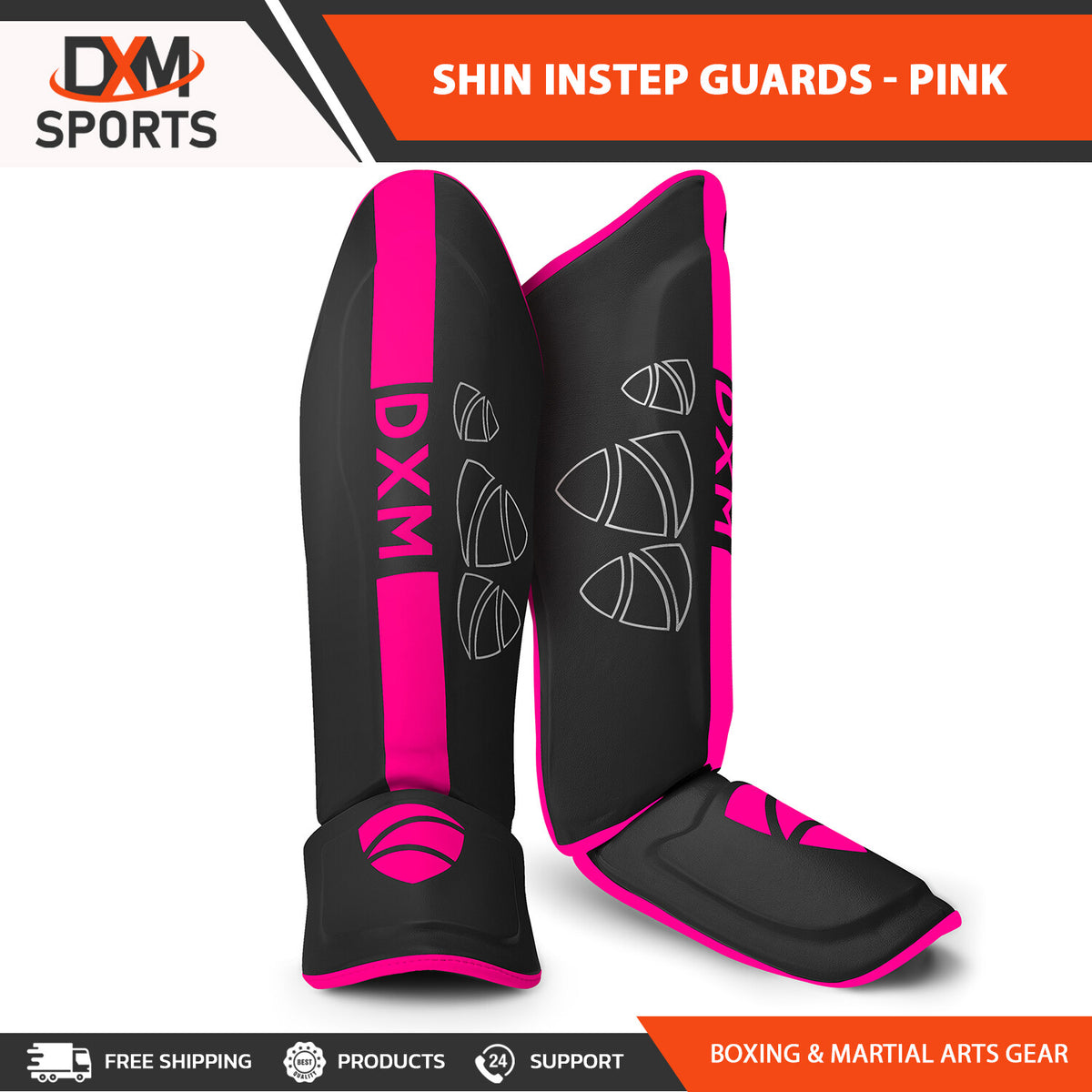 MMA Shin Guards with Foot Instep Protectors for Kickboxing & Martial Arts - Pink