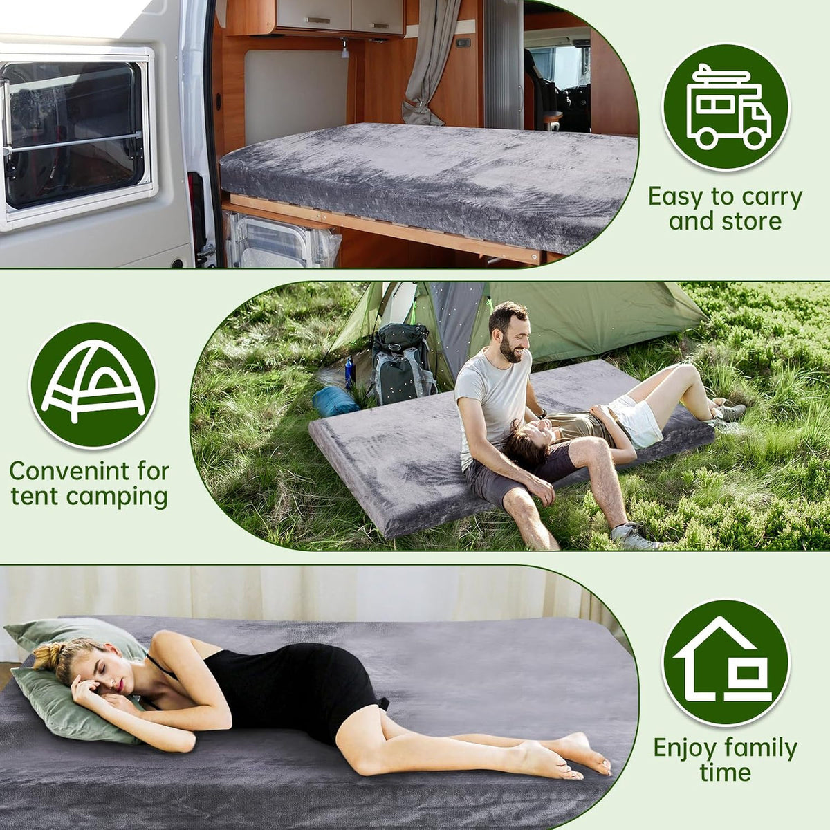 Memory Foam Camping Mattress Pad - 3 Inch Thick Waterproof Sleeping Mat for Adults