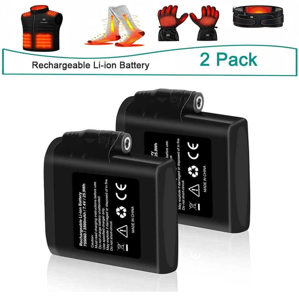 Rechargeable 7.4V 3500mAh Battery Pack for Heated Gloves and Socks - 2 Pack