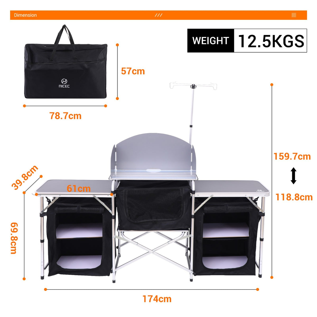 Folding Camping Kitchen Table with Windshield Light Stand & Organizers