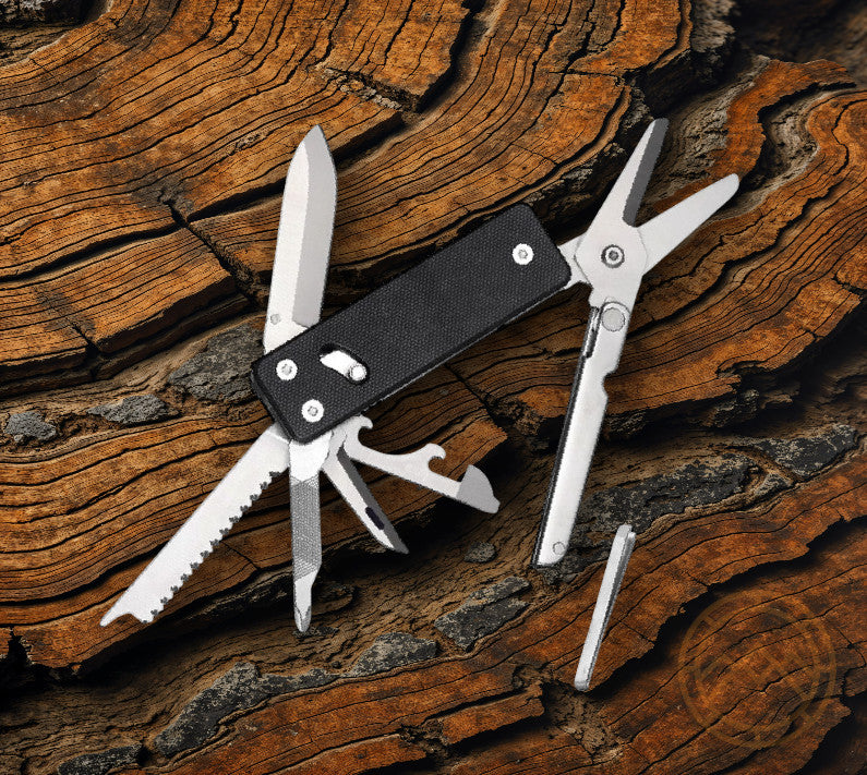 Multitool with Integrated Tools and D2 Steel Blade, G10 Handle