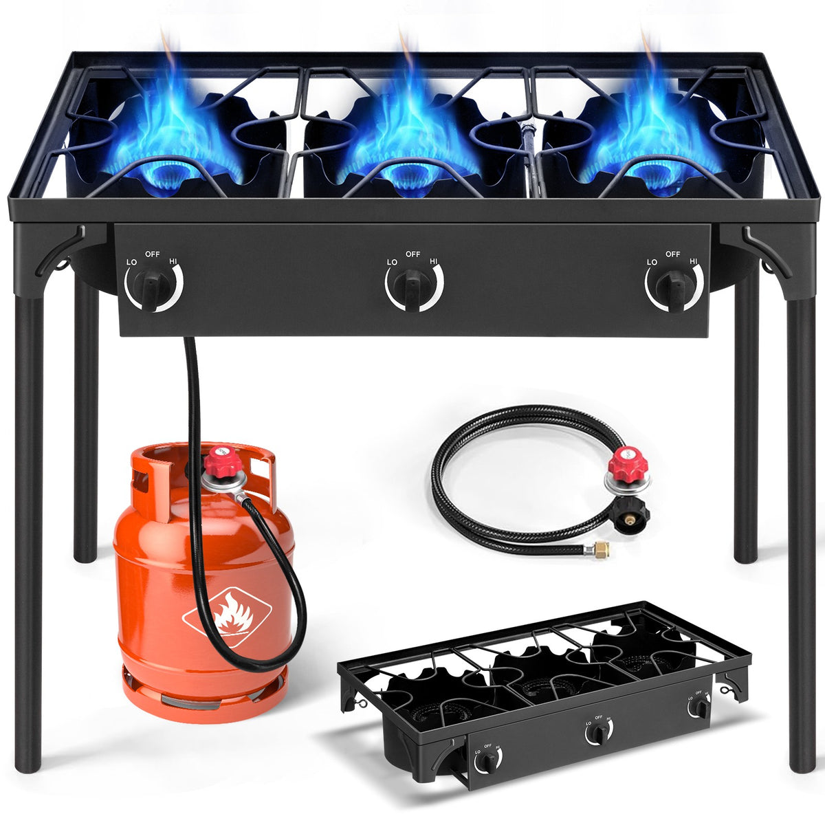 225,000-BTU Three Burner Gas Cooker Stove with Cast Iron Grill for Outdoor Cooking
