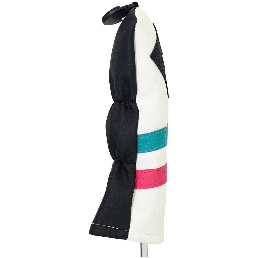 Golf Headcover Set for 260cc Woods & Hybrids - White with Teal Pink Stripes Leather Style