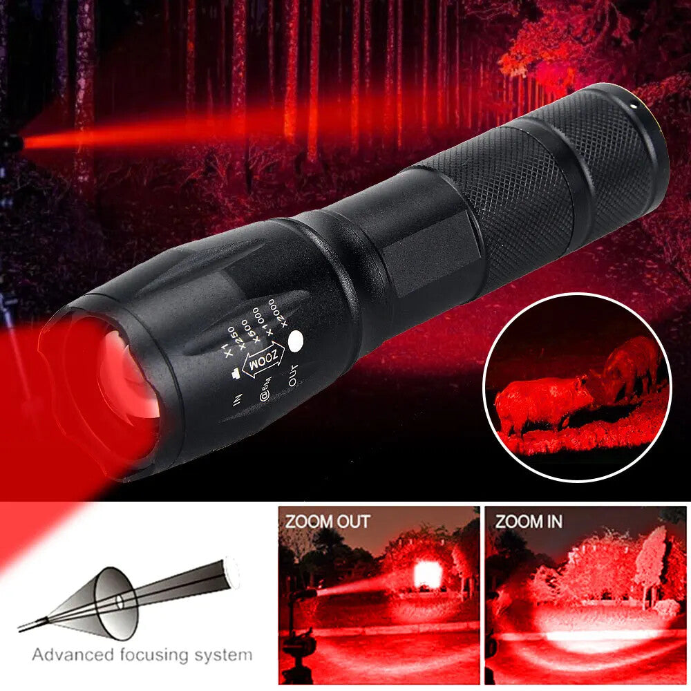 2-in-1 Tactical LED Hunting Flashlight with Zoomable Torch, Red/White Light