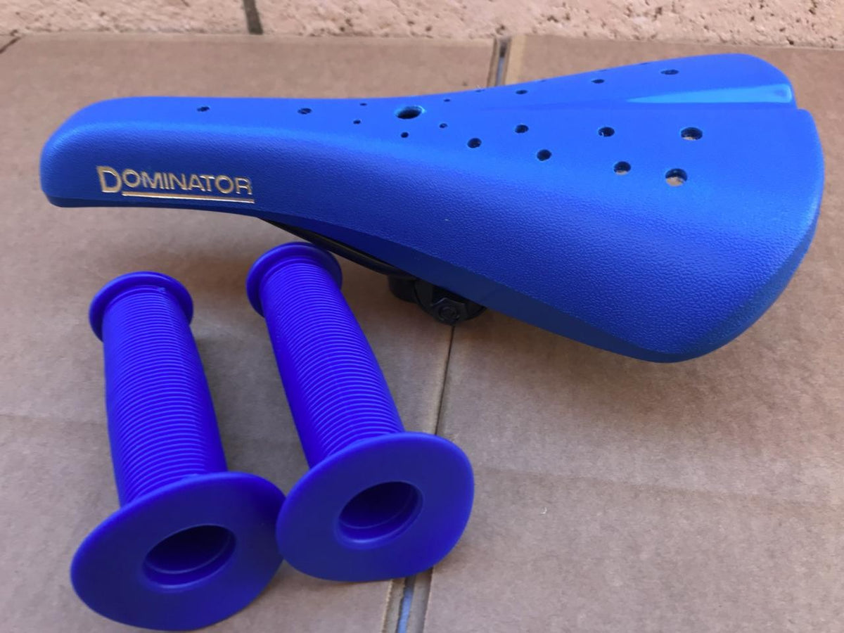 Old School BMX Bicycle Seat with Blue Hard Shell and Mushroom Grips