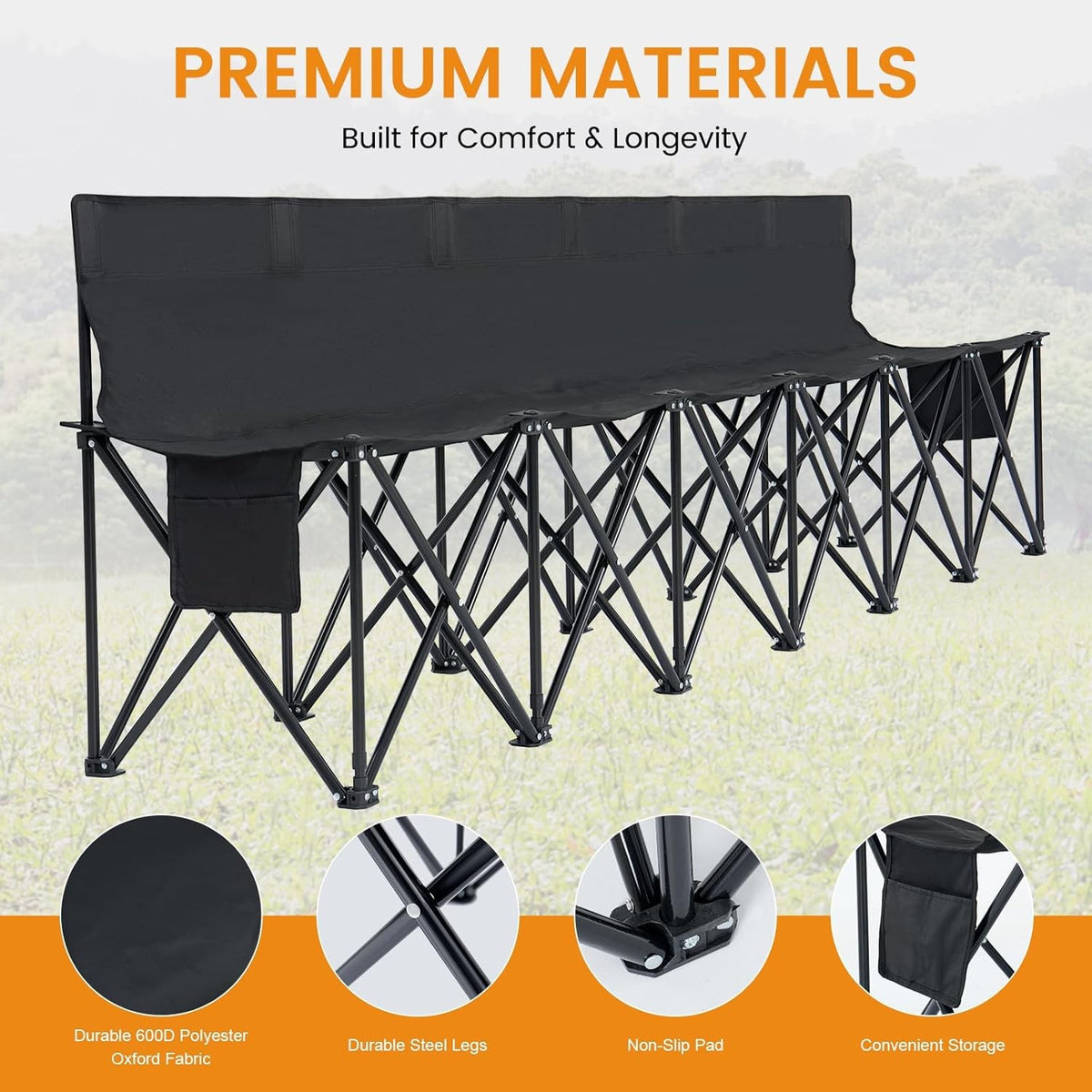 6 Seat Folding Sports Bench with Backrest & Storage for Stadium & Camping