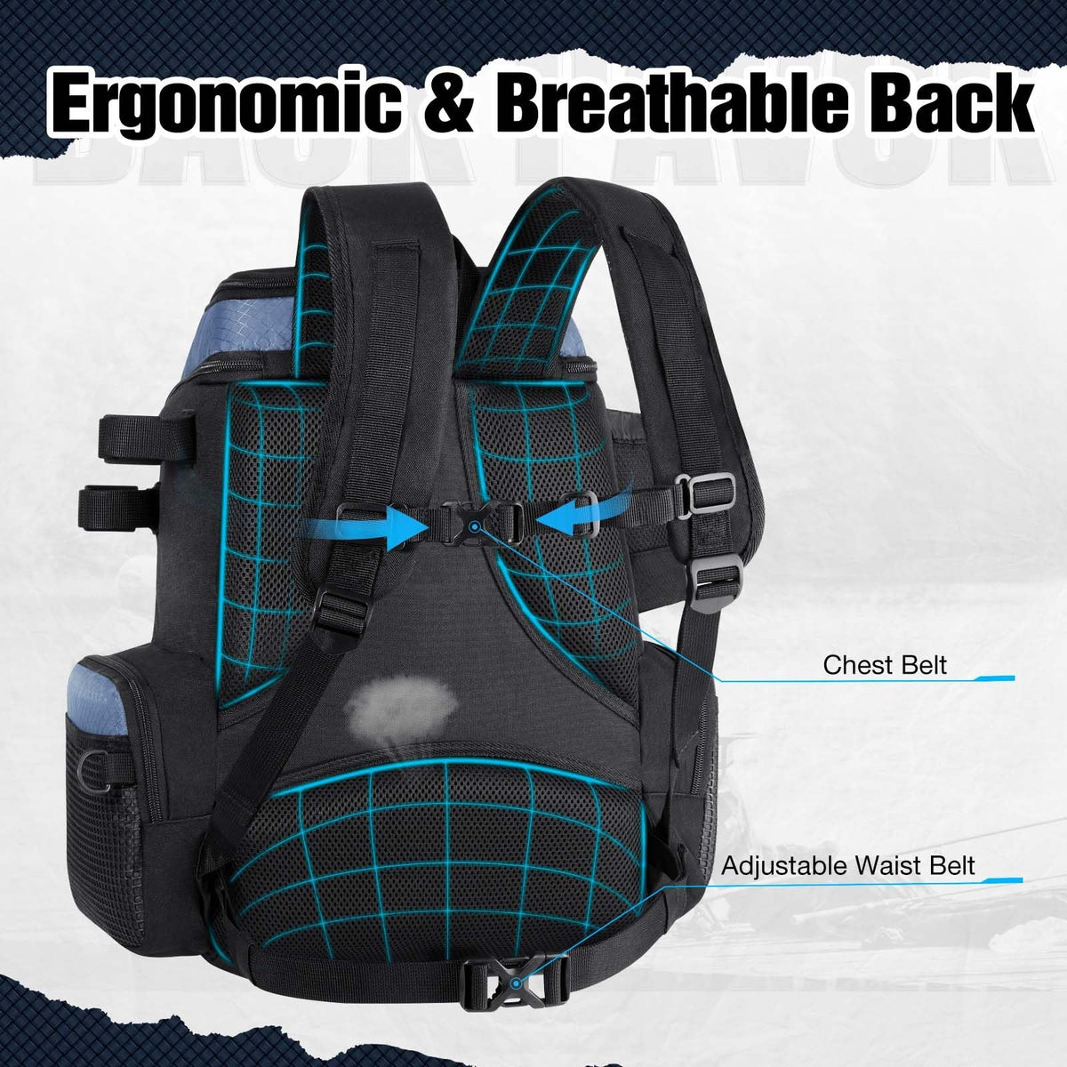 Fishing Tackle Backpack with Rod Holders & Waterproof Rain Cover - Large Capacity