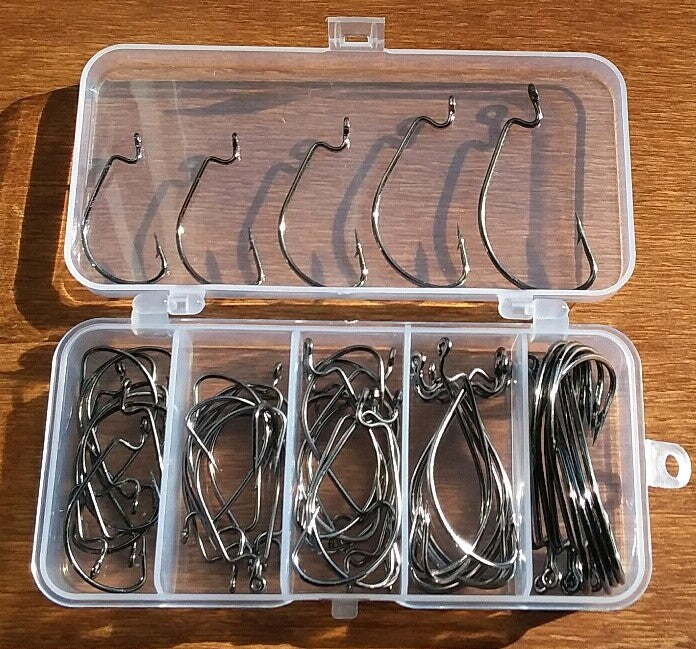 50 Count Black Nick Wide Gap Worm Hooks Assortment 5 Sizes for Fishing