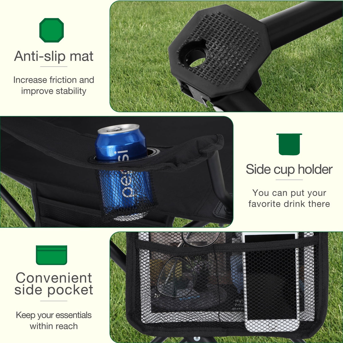 Portable Camping Chairs 2-Pack with Cooler Bag & Side Pocket, Folding Outdoor Seating