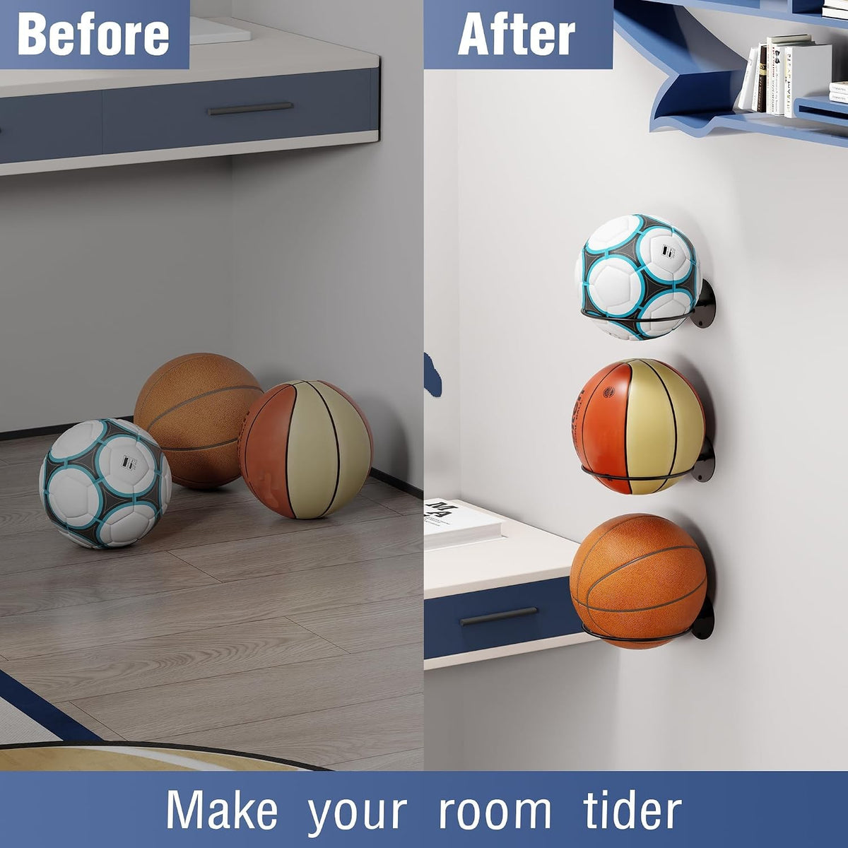 Wall Mount Basketball Holder Display Rack for Sports Balls Black