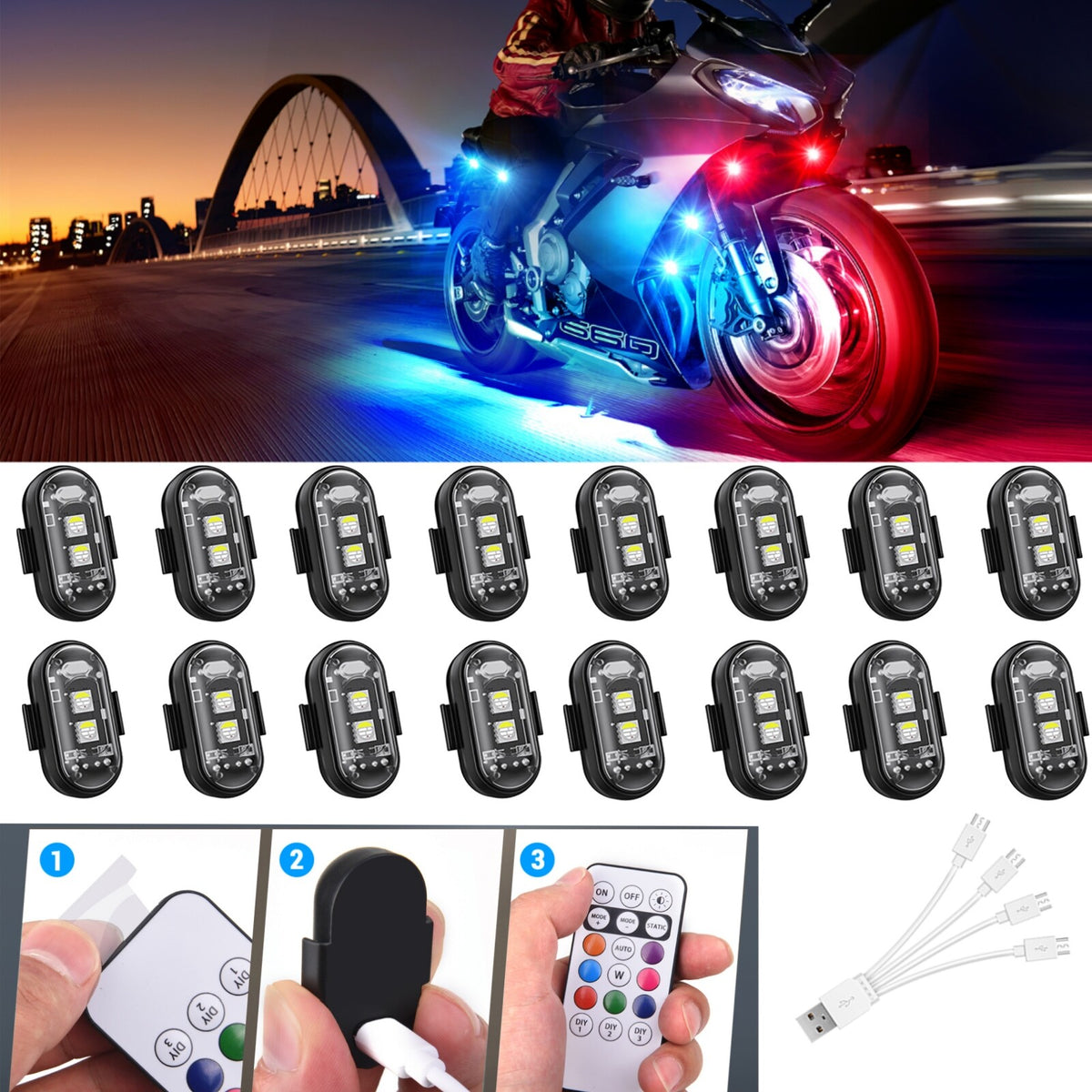 Wireless LED Strobe Lights 8 Colors USB Rechargeable Anti-Collision Lamps 20 pcs