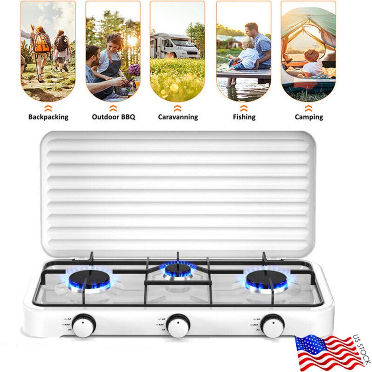 Portable 3 Burner Gas Stove for Camping Caravan Outdoor Cooking