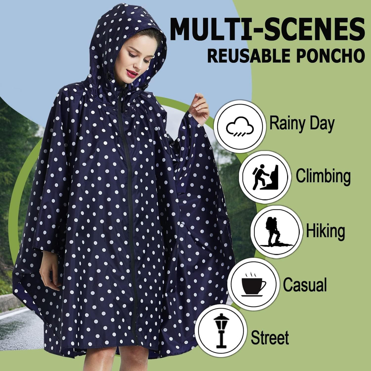 Waterproof Rain Poncho with Hood - One Size Blue Dot