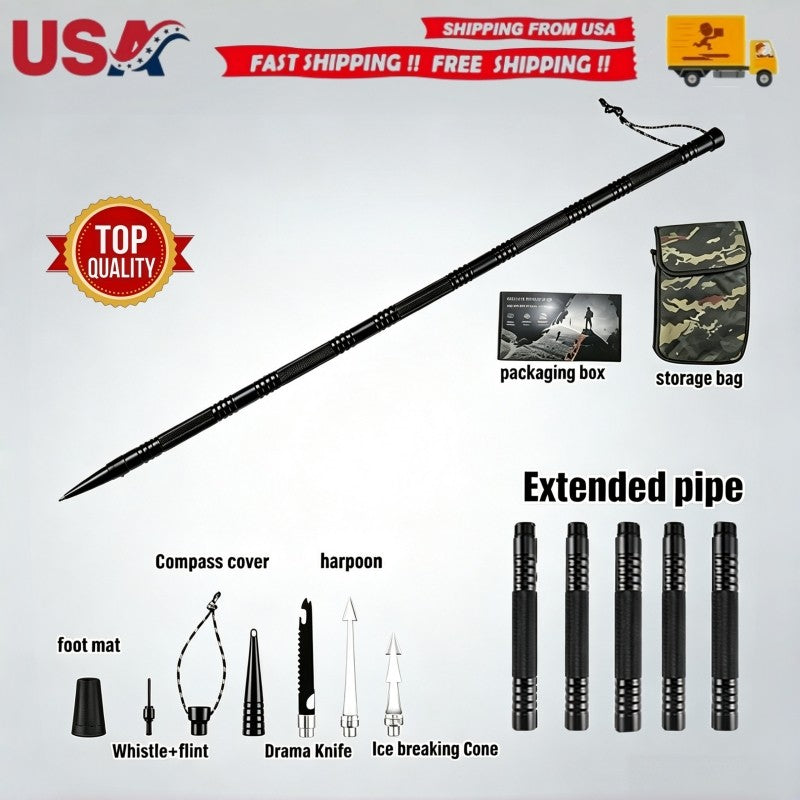 Multi-Function Tactical Hiking Stick with Compass, Saw, and Fire Tool - Aluminum Alloy Extendable Pole