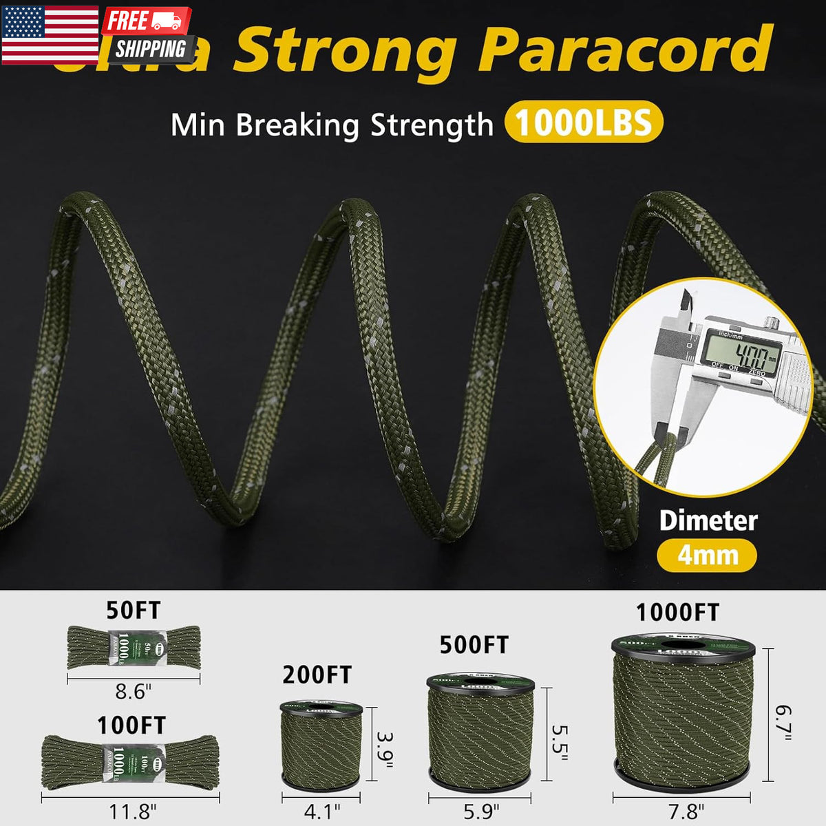 Reflective Paracord Rope 1000Lb - Tactical Camping Cord 4mm 50-1000Ft