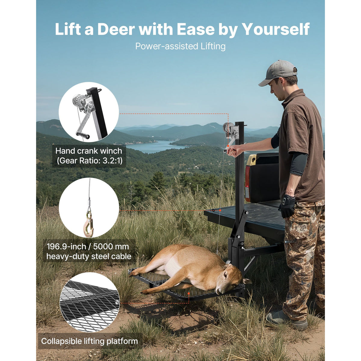 Hitch-Mounted Deer Hoist with Lift System Platform 300 lb Capacity