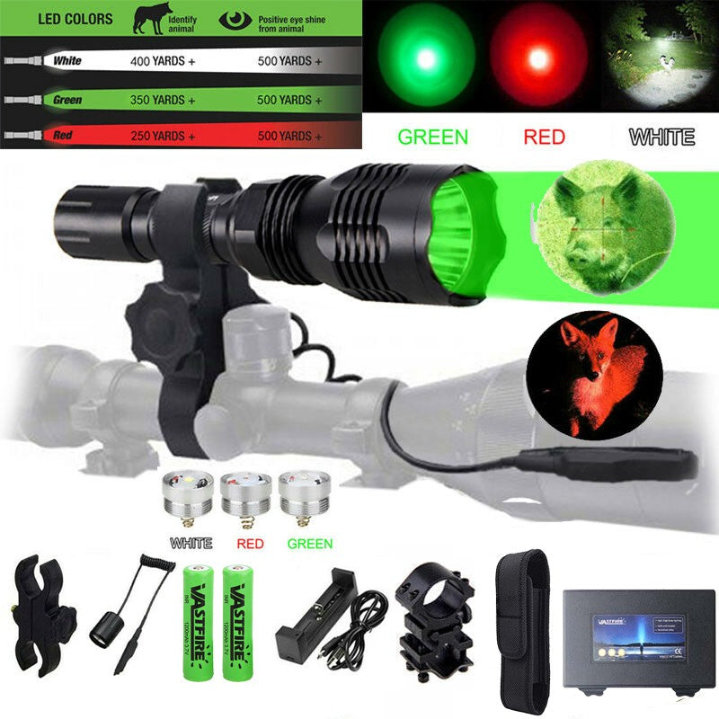 3-Color LED Predator Hunting Flashlight with Mounts - Green, Red, White