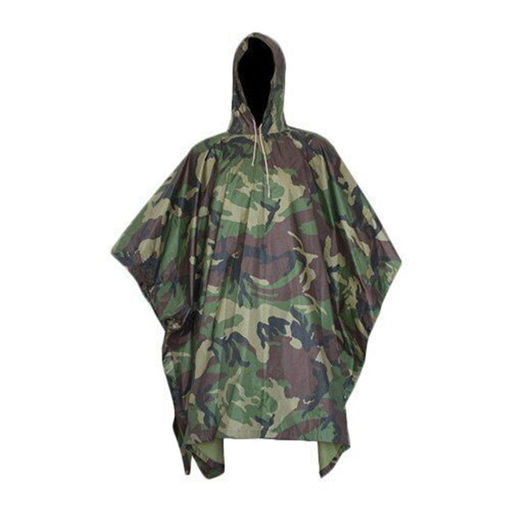Military Style Multi-Use Rip-Stop Camouflage Rain Poncho - Waterproof Emergency Shelter
