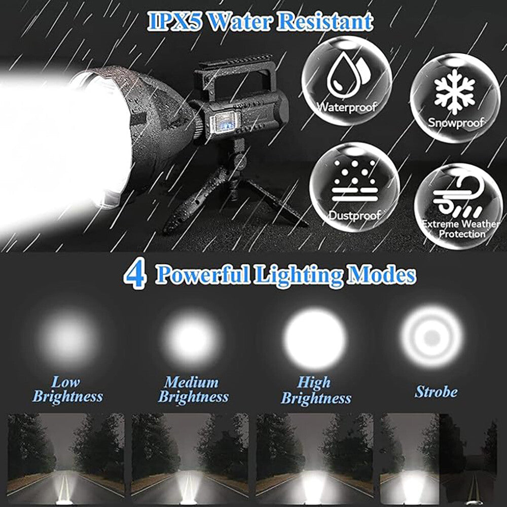 Super Bright LED Searchlight Rechargeable Spotlight with Tripod Waterproof 2,000,000 Lumens
