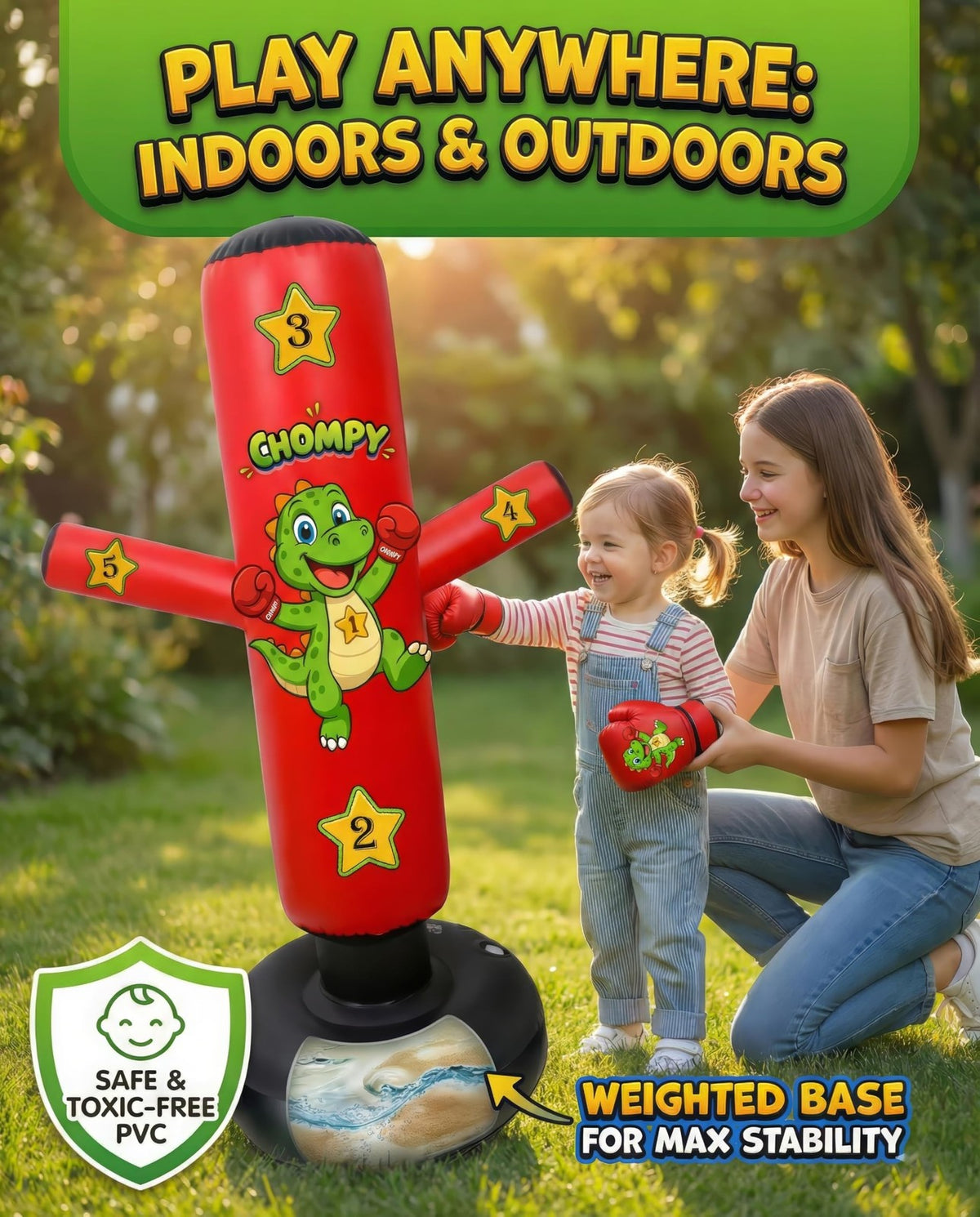 Kids Punching Bag 48 Inch Dino Dinosaur with Gloves for Martial Arts Play