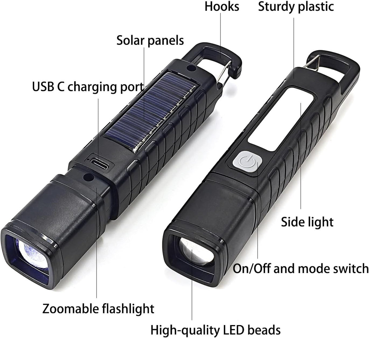 Rechargeable Solar LED Flashlight with Zoom & 4 Light Modes - High Lumens