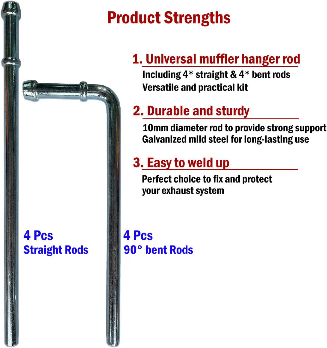 Heavy Duty Weld On Exhaust Hanger Bracket Rod Set - 8 Pieces, 10mm