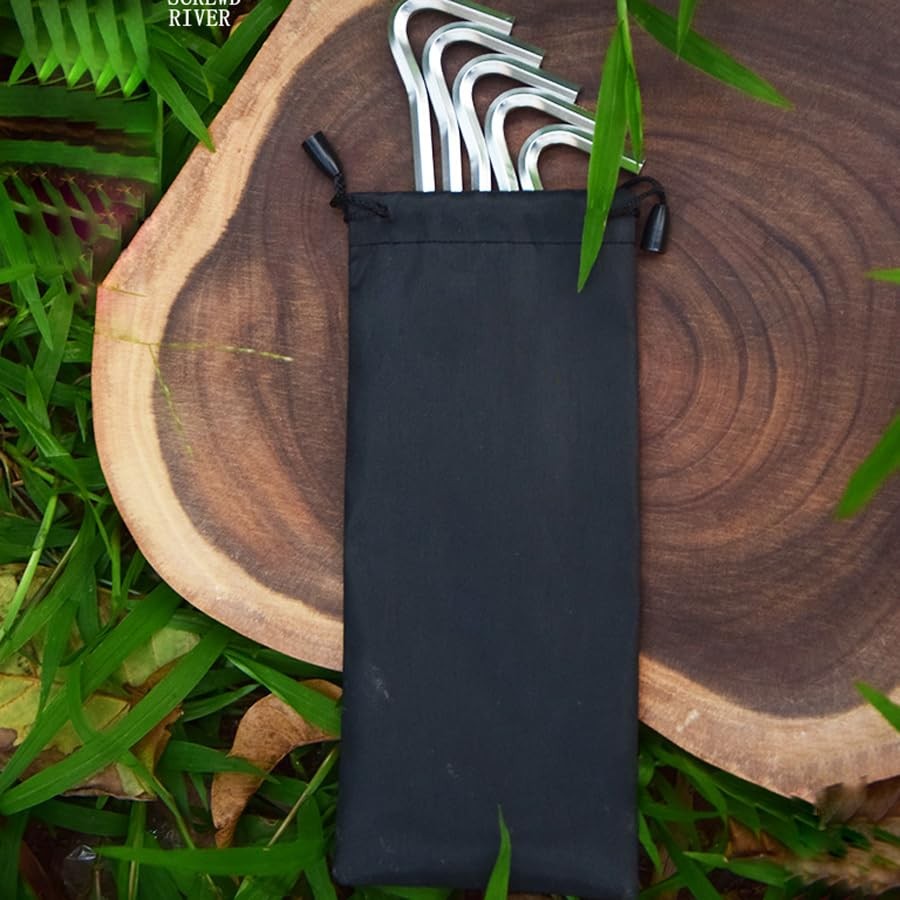 6 Pack Aluminum Tent Stakes Bag with Drawstring Storage Pouch - Camping Gear Organizer