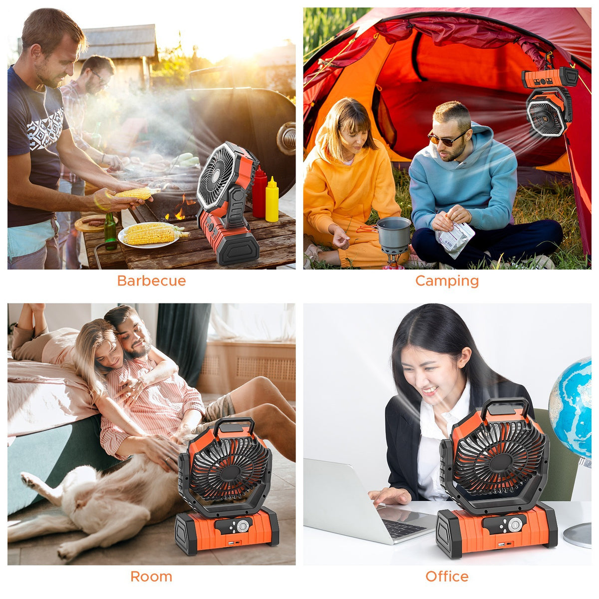 Portable Camping Fan with LED Light, 4 Speeds, 72H Battery, Oscillation