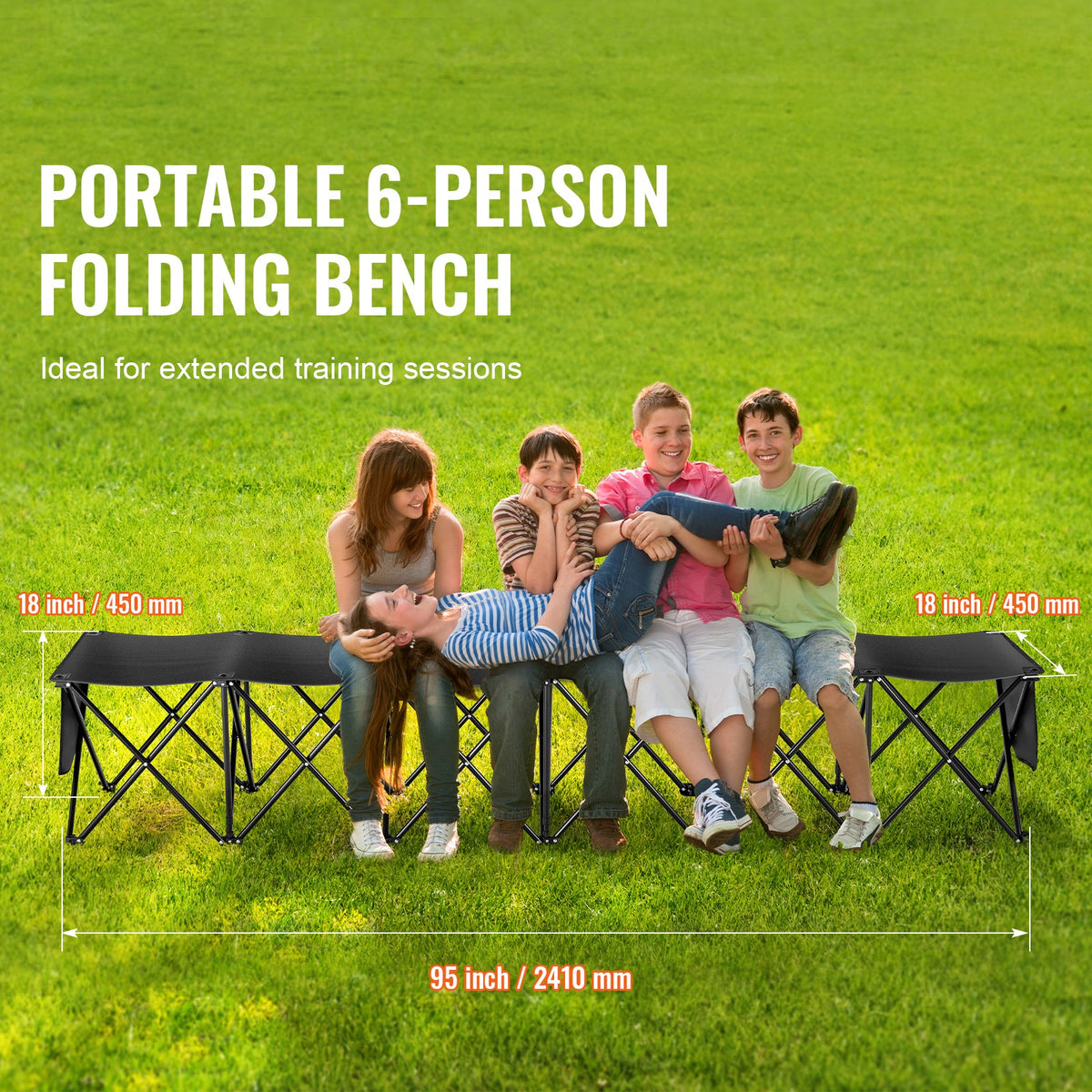 Portable Folding 6-Seat Sports Bench with Side Bag and Carry Bag - No Backrest