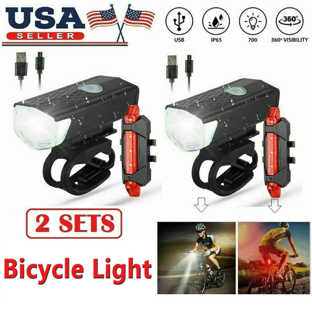 USB Rechargeable Bicycle Front and Rear LED Headlight Set - Waterproof Cycling Lights