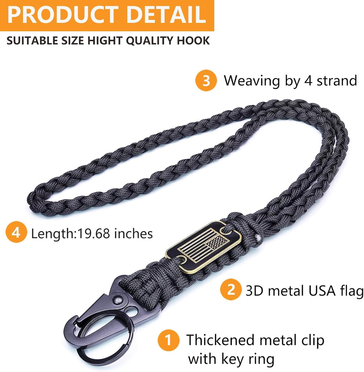 Heavy Duty Paracord Lanyard Keychain with USA Flag - Tactical Outdoor Accessory