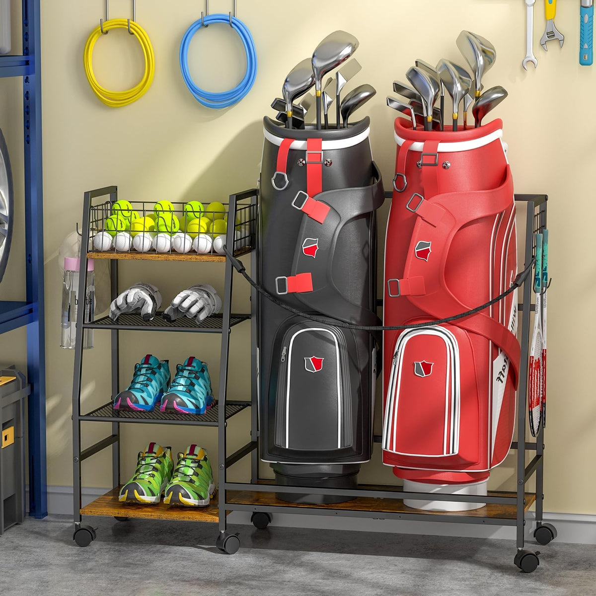 Golf Bag Storage Rack with Wheels - Organizer for Golf Equipment & Accessories