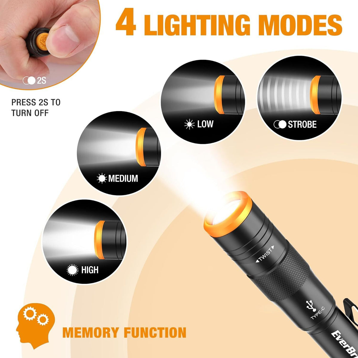 Rechargeable Mini Pen Light with USB-C, 300 Lumens, Clip, Black