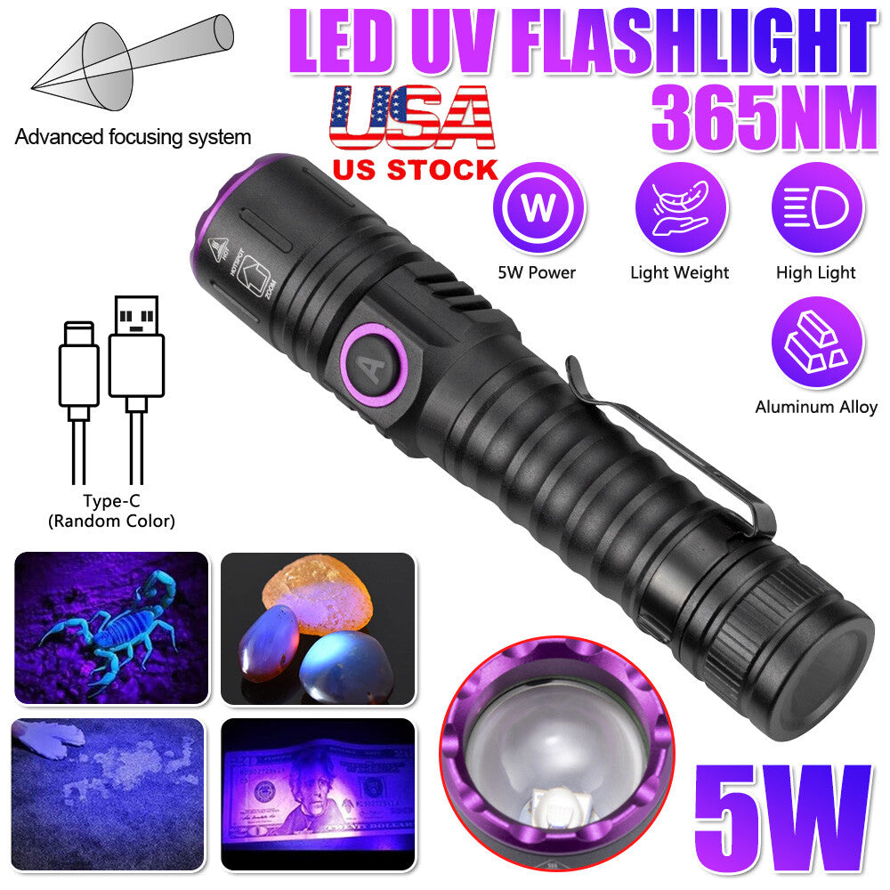 Rechargeable UV LED Flashlight 365nm Blacklight for Inspection Security Detection