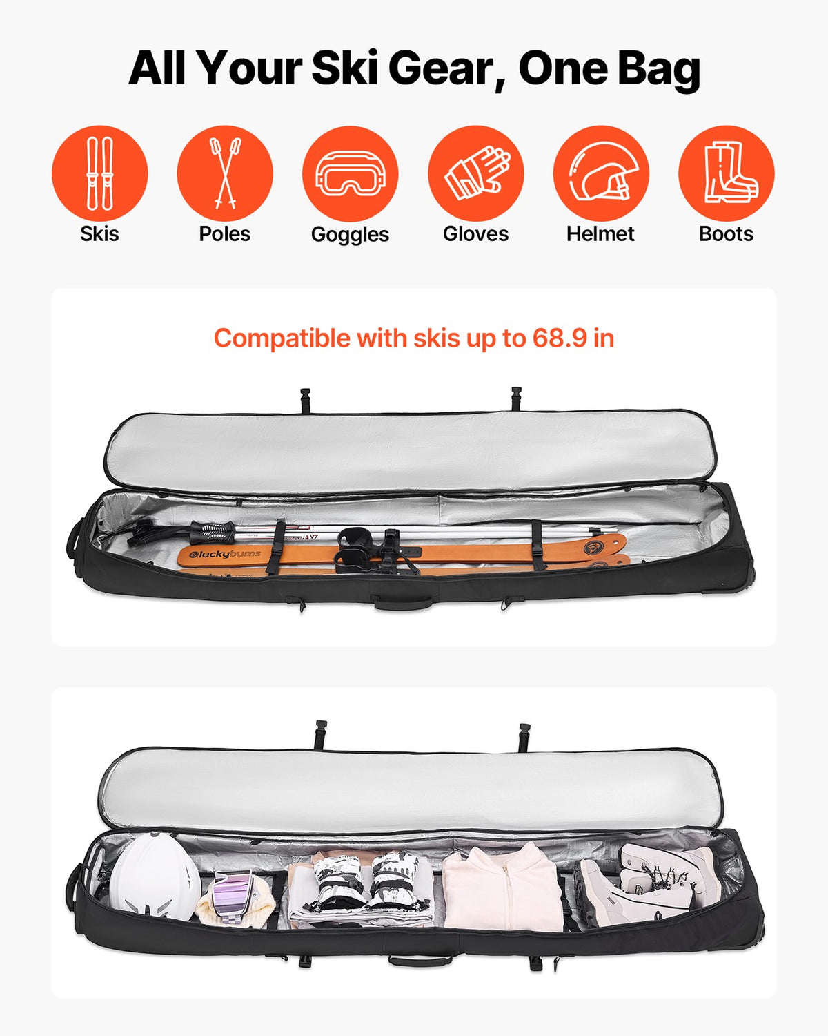 Waterproof Snowboard Bag with Wheels - Fits Up to 74.8 in Ski Gear