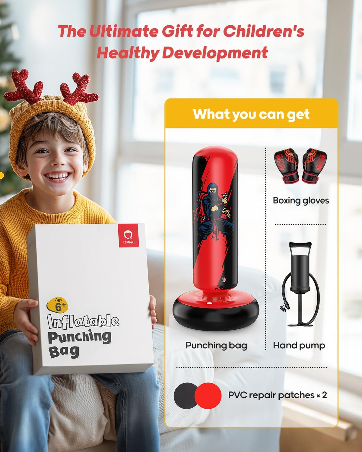 Kids Inflatable Punching Bag with Boxing Gloves - 66 inches Red