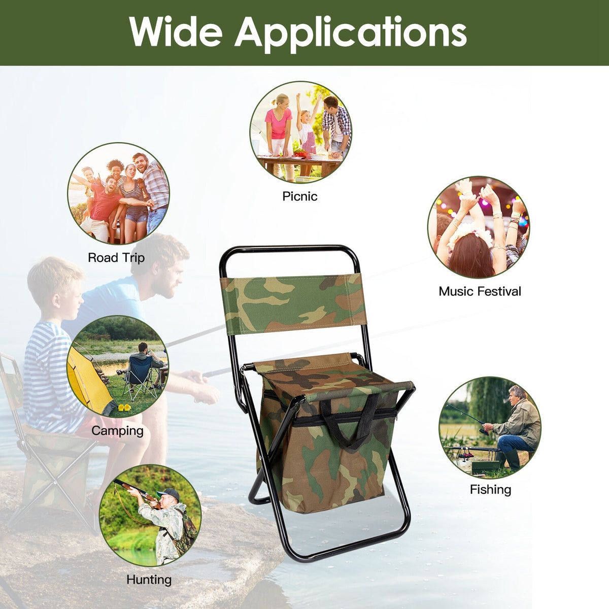 Portable Camping Chair with Cooler Bag and Backrest - Foldable Outdoor Stool