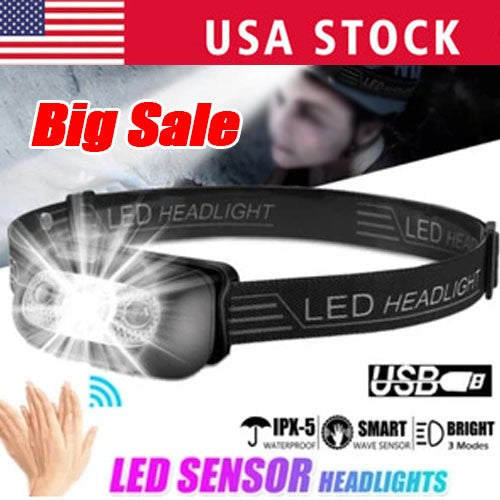 Rechargeable LED Headlamp Waterproof Camping Head Torch with Adjustable Brightness