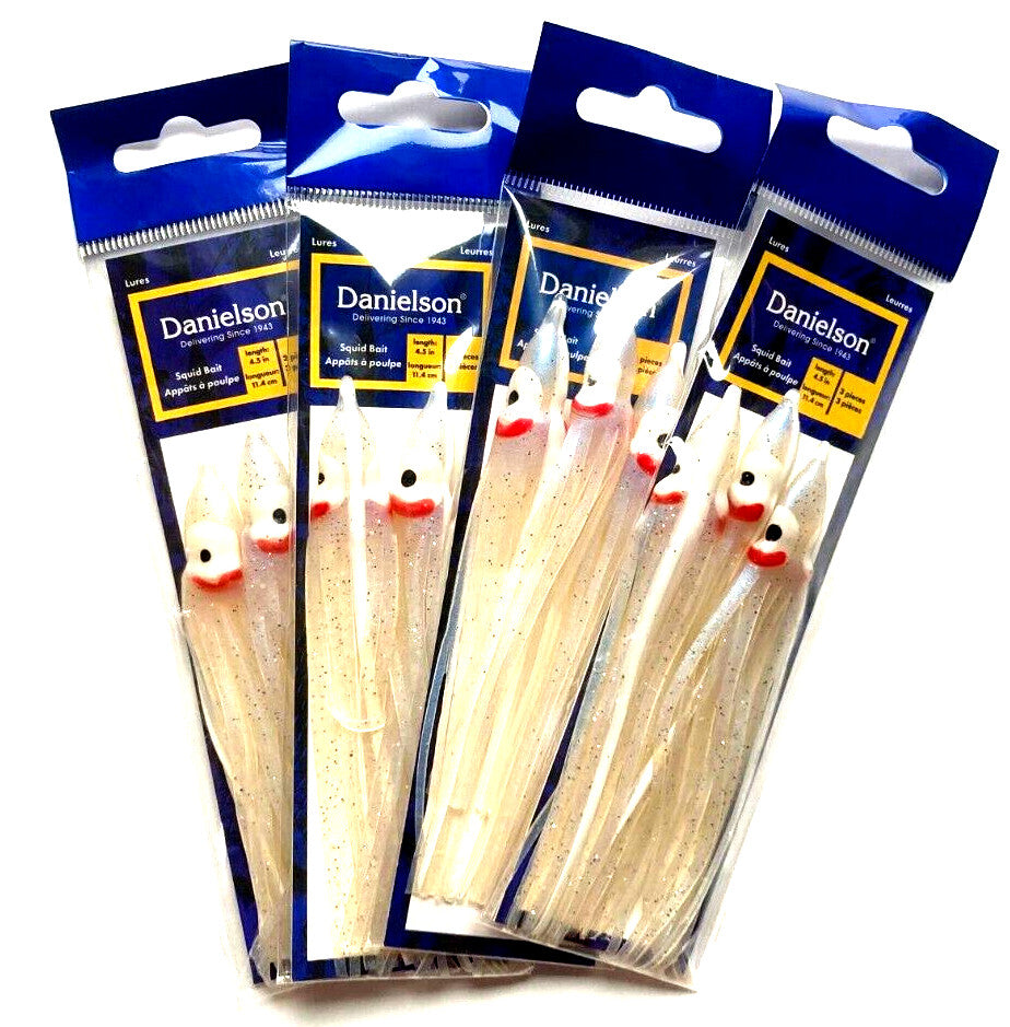 Pearl Glow Squid Baits - 4.5 Inch Fishing Lures for Salmon and Larger Gamefish (4 Pack)