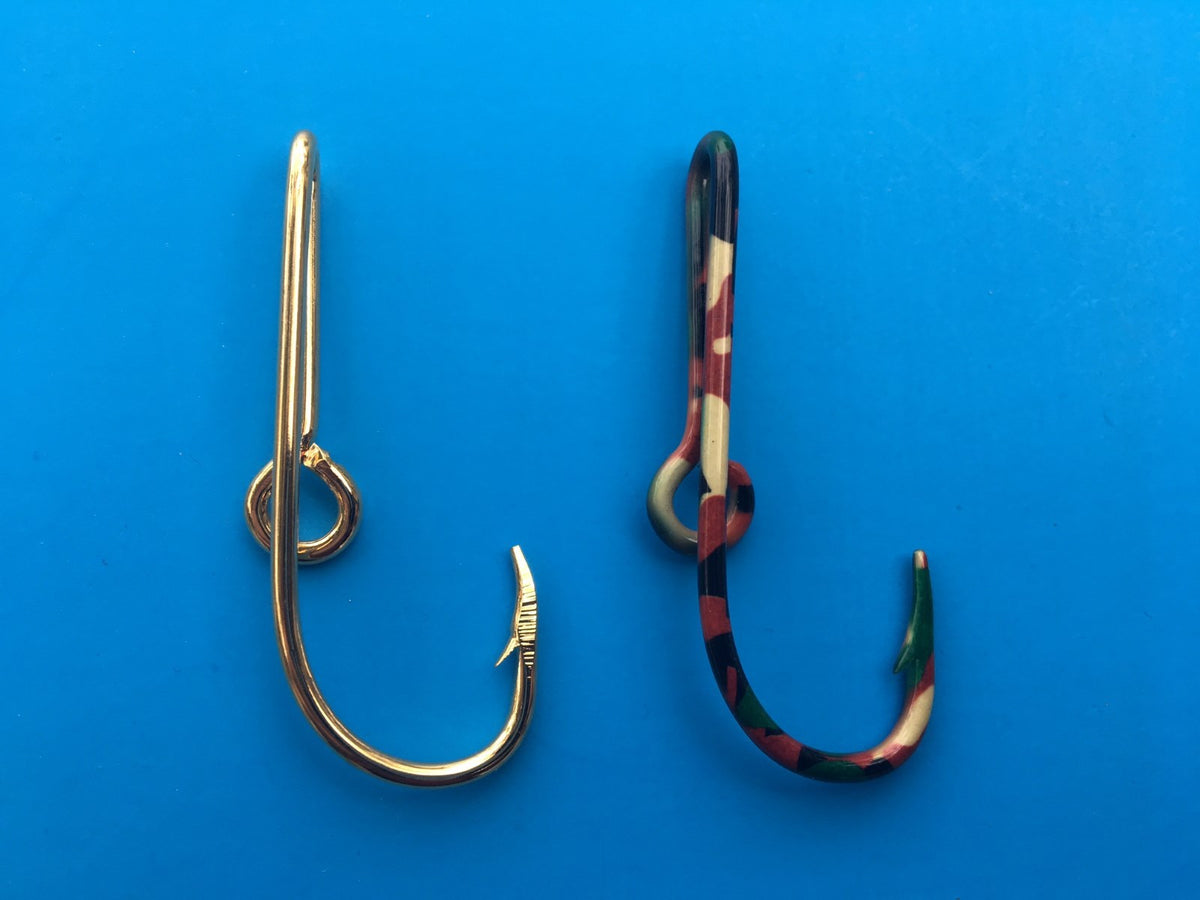 Fishing Hook Hat Pins Set - Gold, Camo & USA Flag Lapel Pins, Money Clips